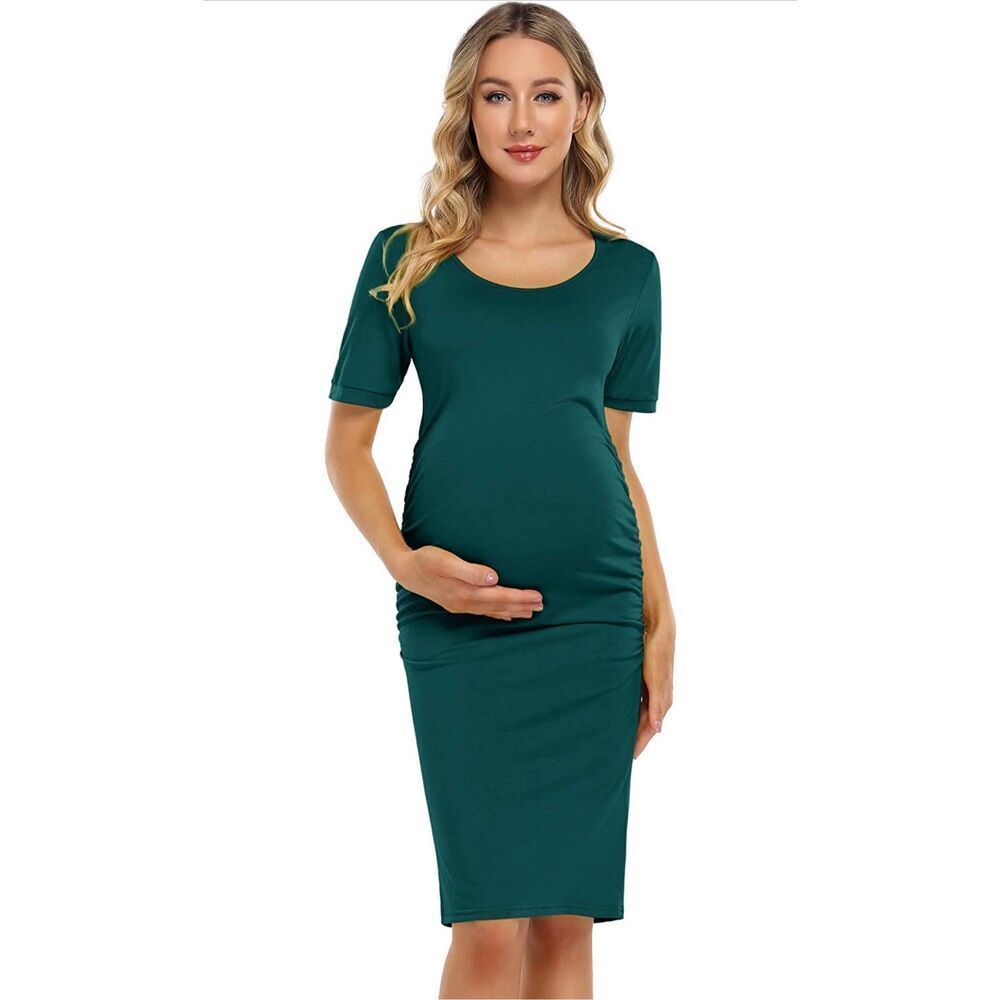NEW Green Coolmee Maternity Ruched Round Neck Dress XL